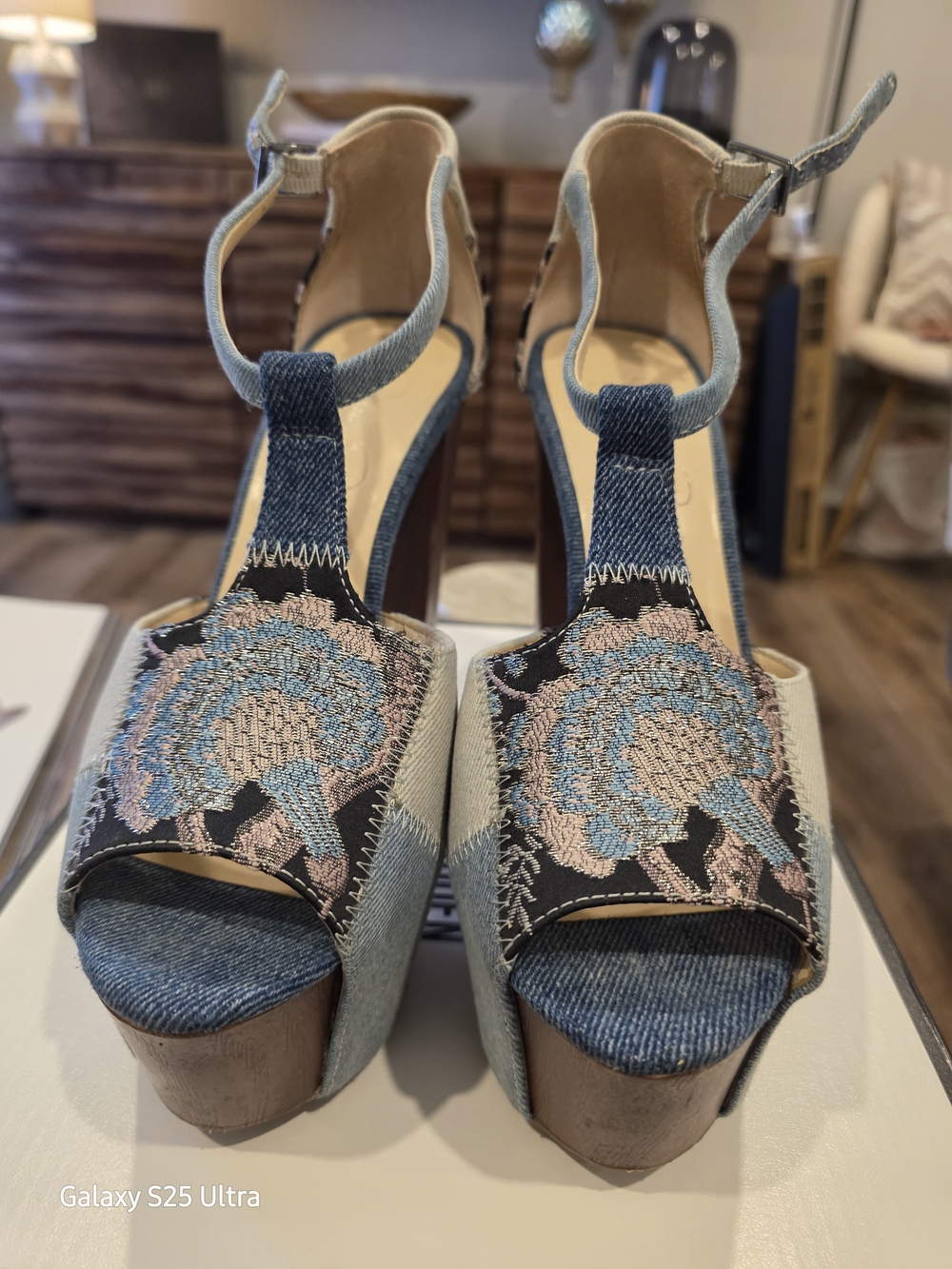 Jessica Simpson Denim Platform Sandals with Pink & Blue Embroidery
